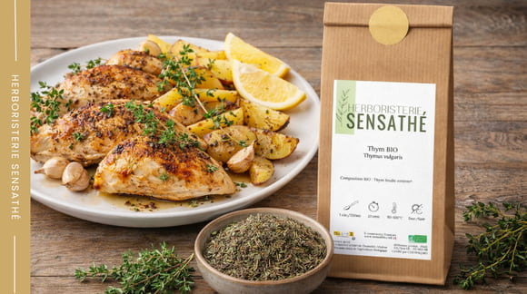 Poulet rôti au thym avec pommes de terre, ail, citron et thym bio de Sensathé - Herboristerie Sensathé Poulet rôti au thym avec pommes de terre, ail, citron et thym bio de Sensathé - Herboristerie Sensathé